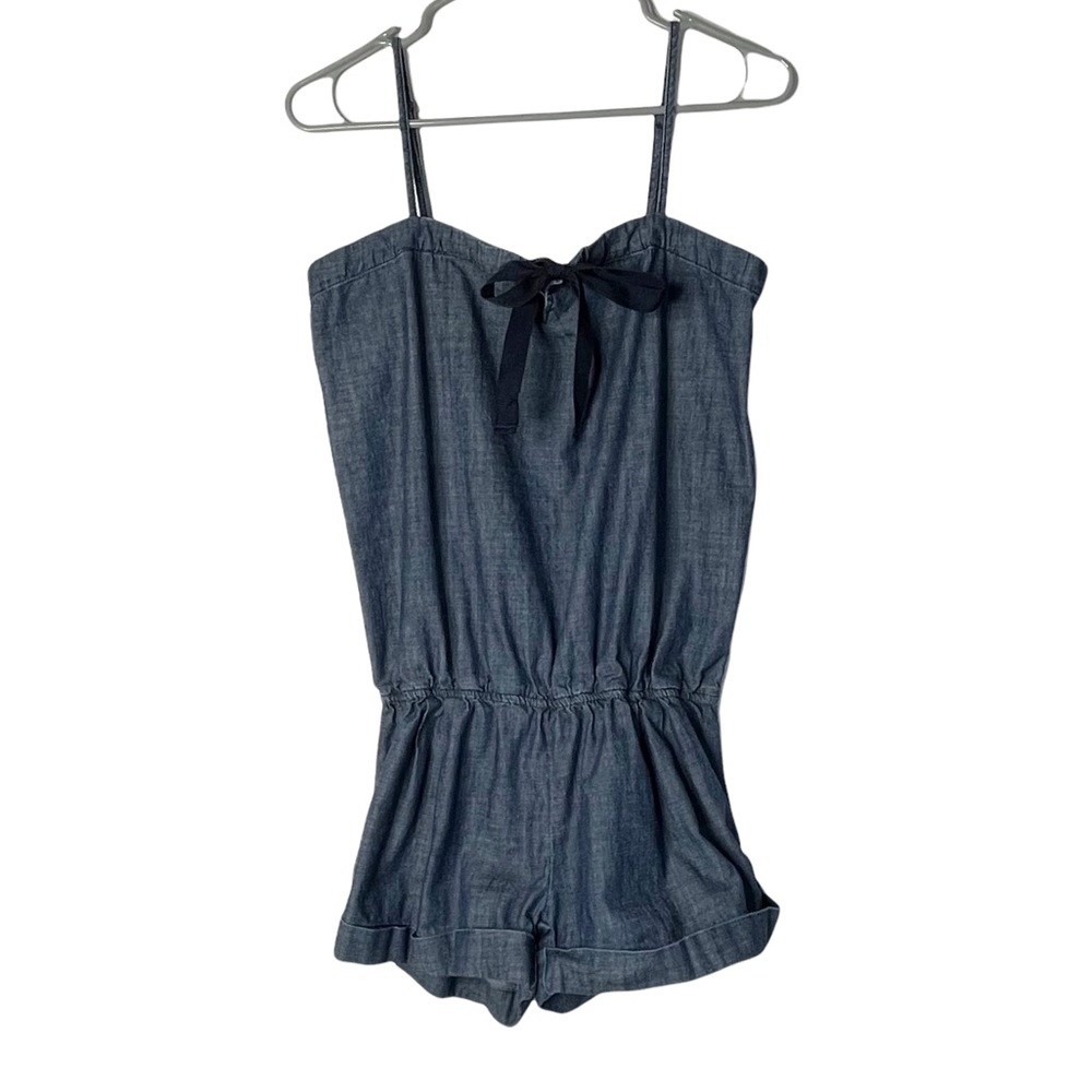 Like New Seven7 Denim Romper, Spaghetti Strap, Navy Ribbon Detail, Size Small